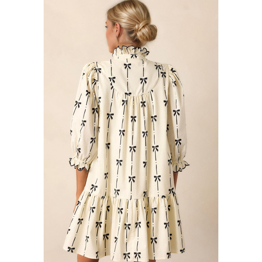 Oh Full Size Frill Bow Print Half Sleeve Mini Dress Ivory / S Apparel and Accessories