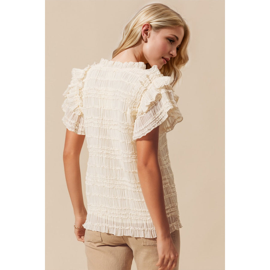 Oh Full Size Frill Notched Flounce Sleeve Blouse Ivory / S Apparel and Accessories