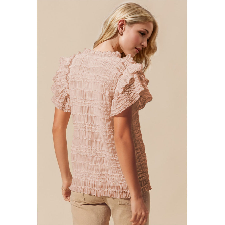 Oh Full Size Frill Notched Flounce Sleeve Blouse Apparel and Accessories