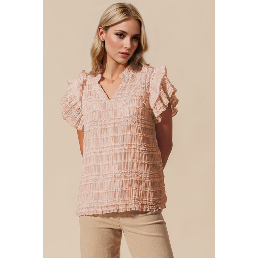 Oh Full Size Frill Notched Flounce Sleeve Blouse Dust Storm / S Apparel and Accessories