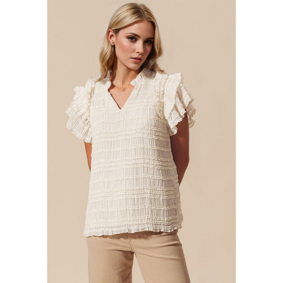 Oh Full Size Frill Notched Flounce Sleeve Blouse Ivory / S Apparel and Accessories