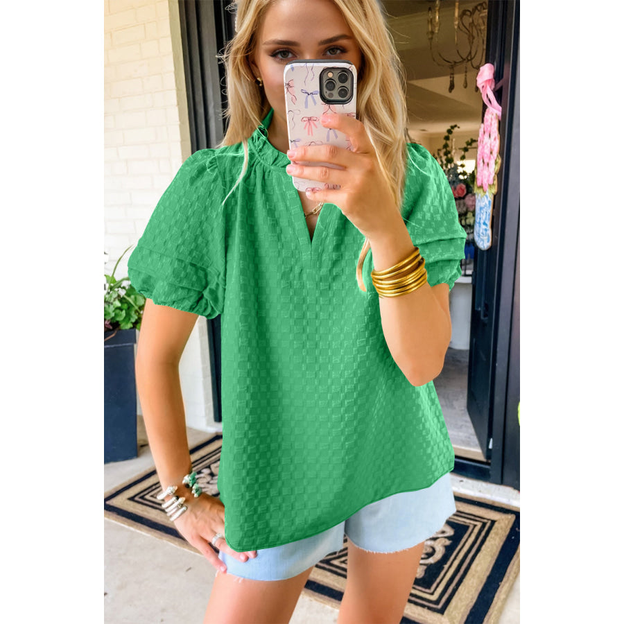 Oh Full Size Frill Notched Puff Sleeve Blouse Green / S Apparel and Accessories