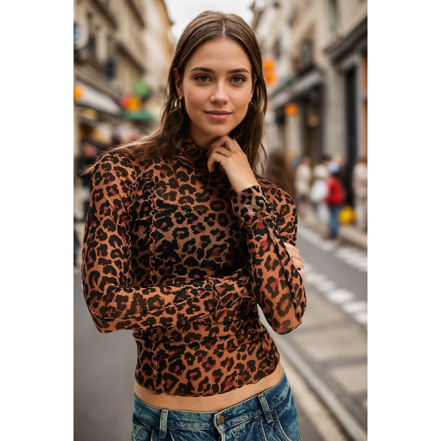 Oh Full Size Frill Printed Mock Neck Long Sleeve Top Leopard / S Apparel and Accessories