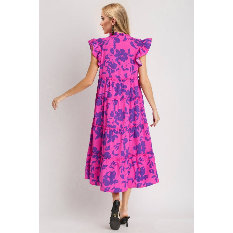 Oh Full Size Ruffled Printed Notched Cap Sleeve Midi Dress Apparel and Accessories