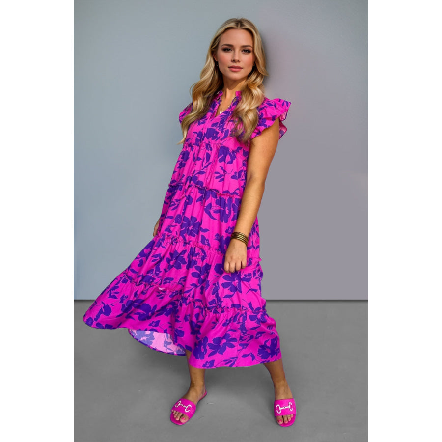 Oh Full Size Ruffled Printed Notched Cap Sleeve Midi Dress Apparel and Accessories