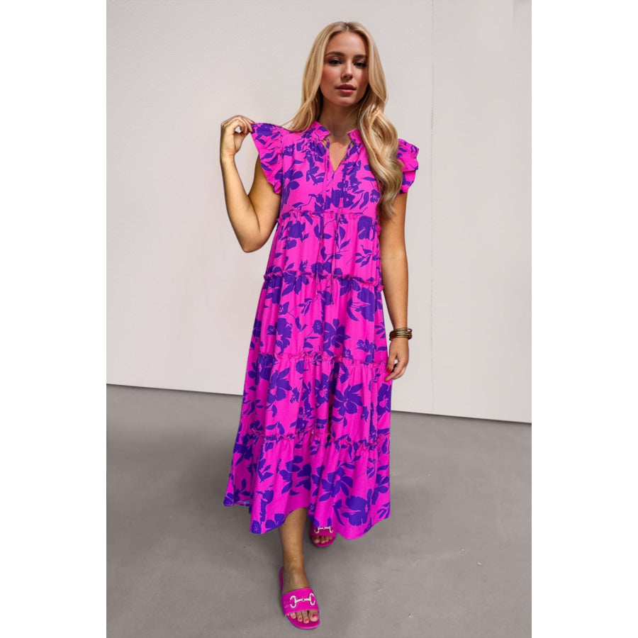 Oh Full Size Ruffled Printed Notched Cap Sleeve Midi Dress Red-Violet / S Apparel and Accessories