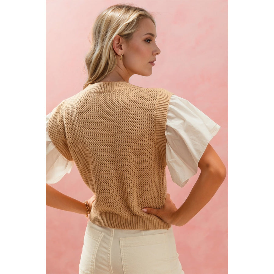 Oh Full Size Ruffled Round Neck Short Sleeve Sweater Camel / S Apparel and Accessories