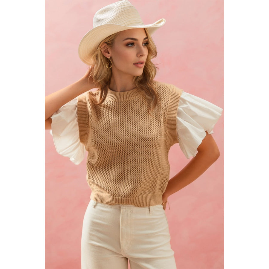 Oh Full Size Ruffled Round Neck Short Sleeve Sweater Camel / S Apparel and Accessories