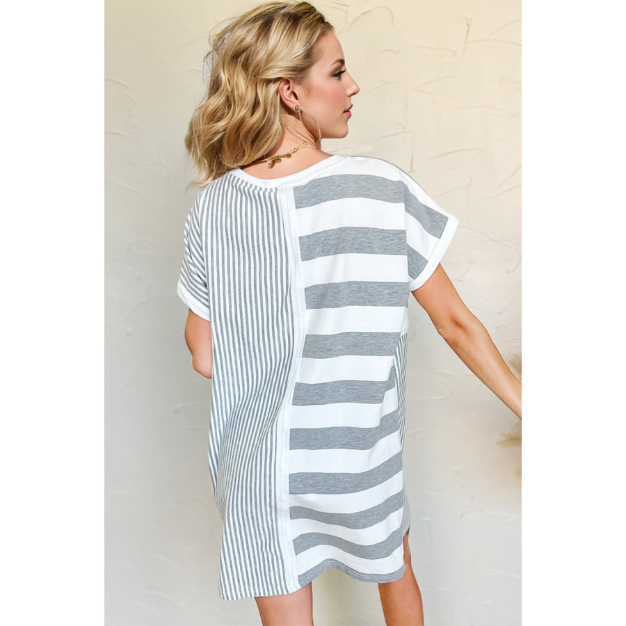 Oh Full Size Striped Round Neck Short Sleeve Mini Tee Dress Apparel and Accessories