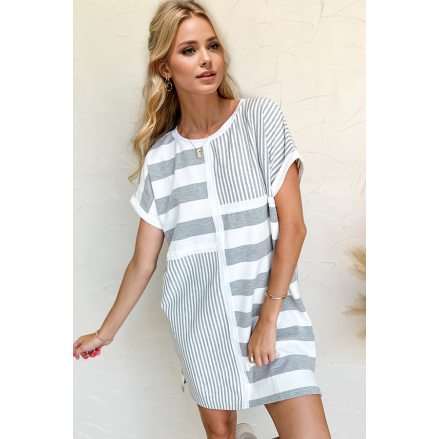 Oh Full Size Striped Round Neck Short Sleeve Mini Tee Dress Gray / S Apparel and Accessories