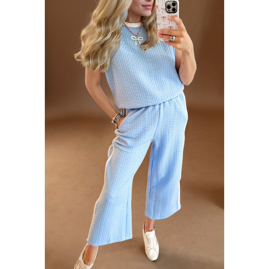 Oh Full Size Texture Contrast Trim Round Neck Top and Pants Set Light Blue / S Apparel and Accessories