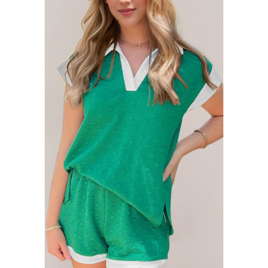 Oh Heart Contrast Trim Johnny Collar Top and Shorts Set Turquoise / S Apparel and Accessories