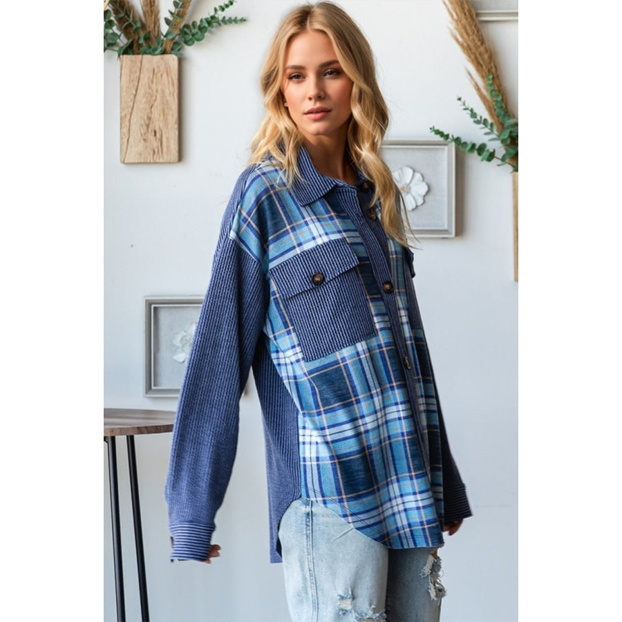 Oh Plaid Button Up Long Sleeve Shacket with Breast Pockets Apparel and Accessories