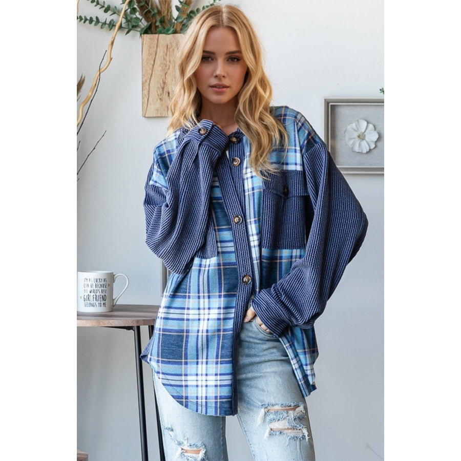 Oh Plaid Button Up Long Sleeve Shacket with Breast Pockets Blue / S Apparel and Accessories