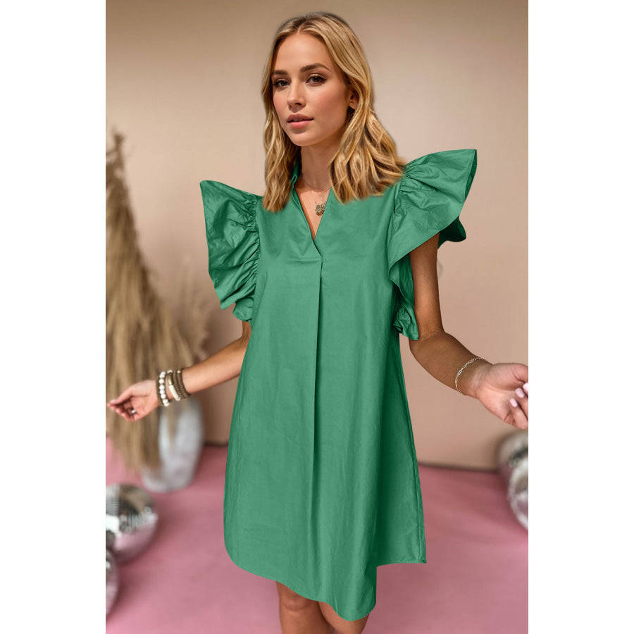 Oh Ruched Johnny Collar Cap Sleeve Mini Dress Green / S Apparel and Accessories