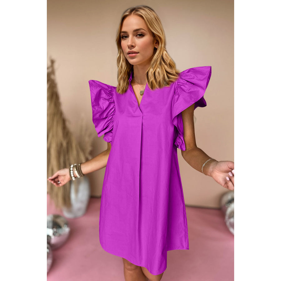 Oh Ruched Johnny Collar Cap Sleeve Mini Dress Vivid Violet / S Apparel and Accessories