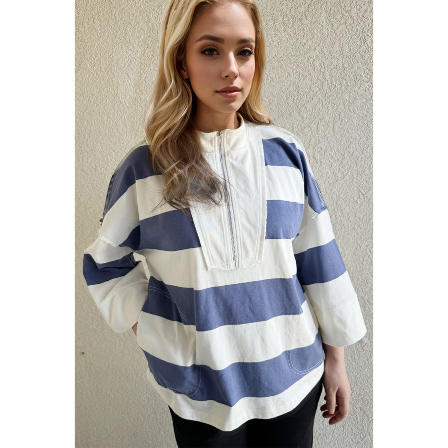 Oh Striped Half Zip Mock Neck Long Sleeve Top Dusty Blue / S Apparel and Accessories