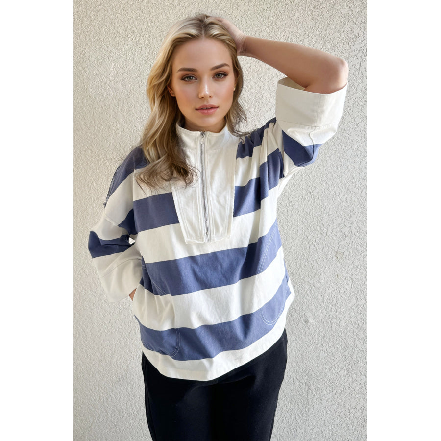 Oh Striped Half Zip Mock Neck Long Sleeve Top Dusty Blue / S Apparel and Accessories