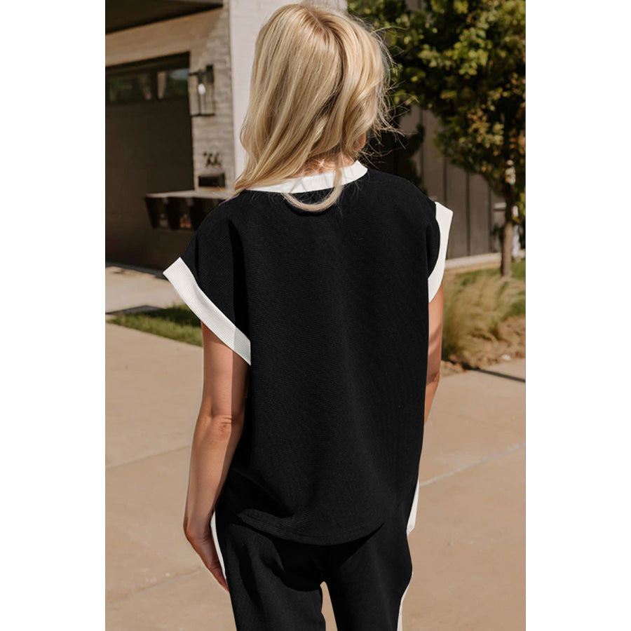 OH Texture Contrast Trim Round Neck Cap Sleeve Top and Pants Set Apparel and Accessories