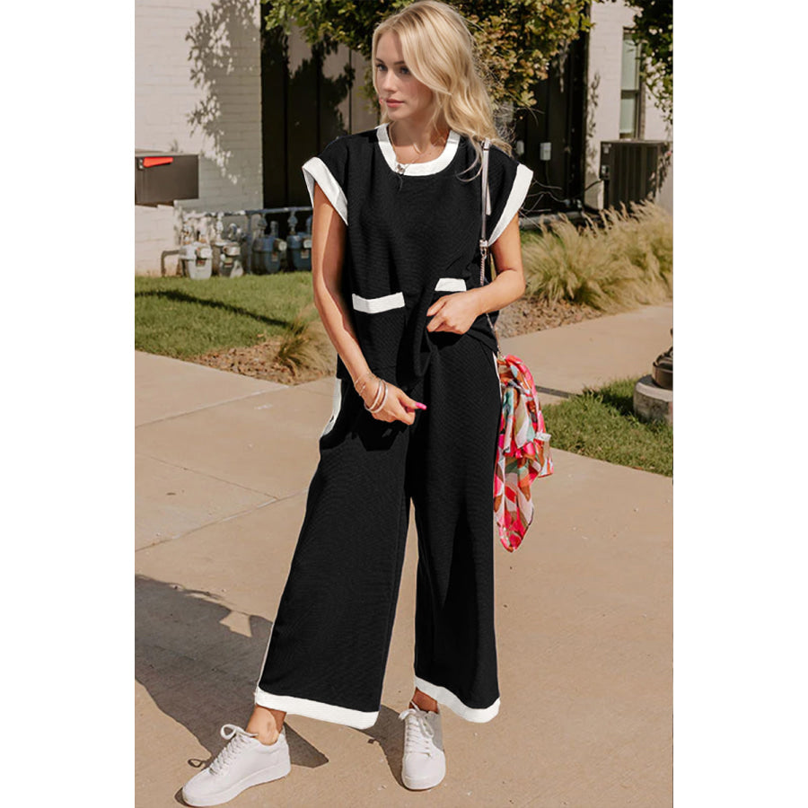 OH Texture Contrast Trim Round Neck Cap Sleeve Top and Pants Set Black / S Apparel and Accessories