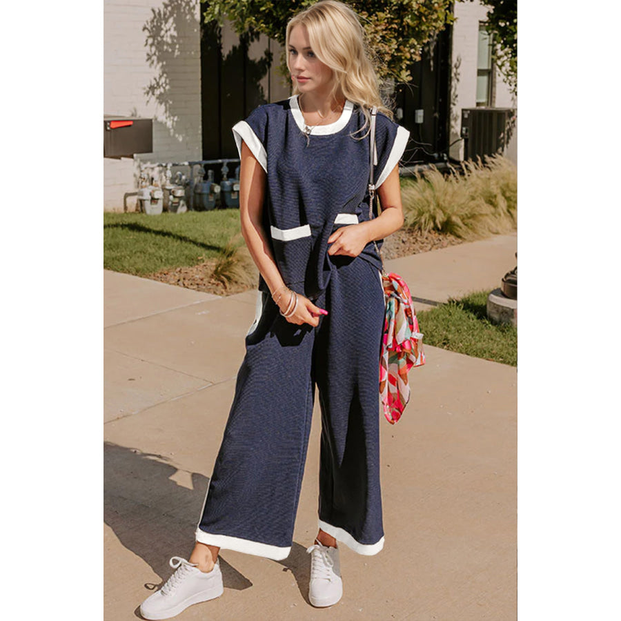 OH Texture Contrast Trim Round Neck Cap Sleeve Top and Pants Set Navy / S Apparel and Accessories