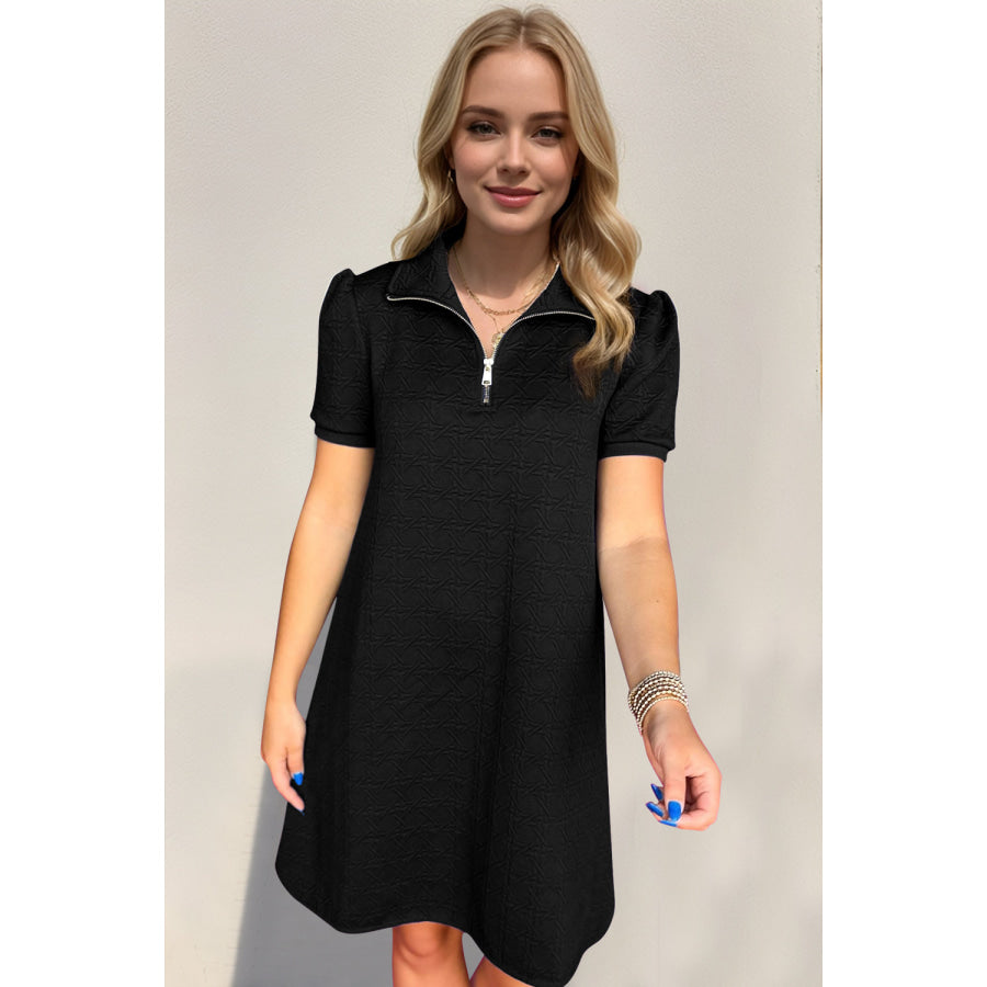 OH Textured Quarter Zip Short Sleeve Dress Black / S Apparel and Accessories