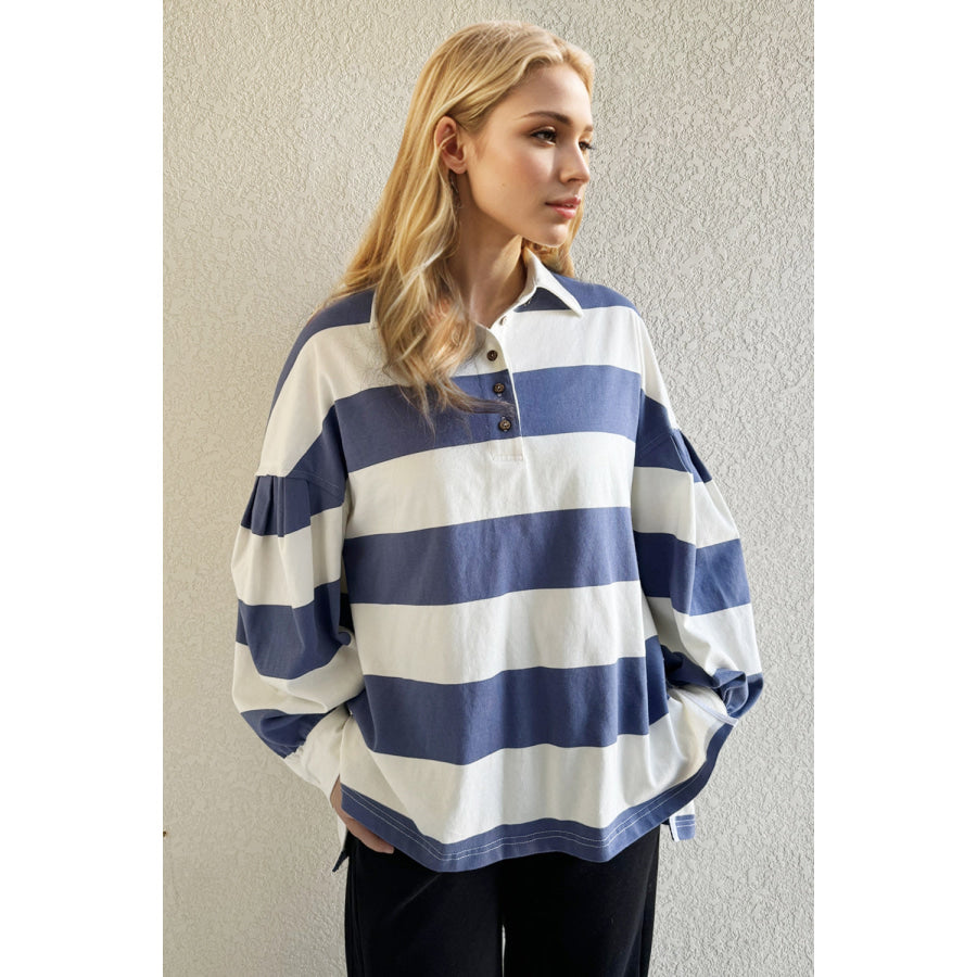 Oh Wide Striped Collared Neck Long Sleeve Top Apparel and Accessories