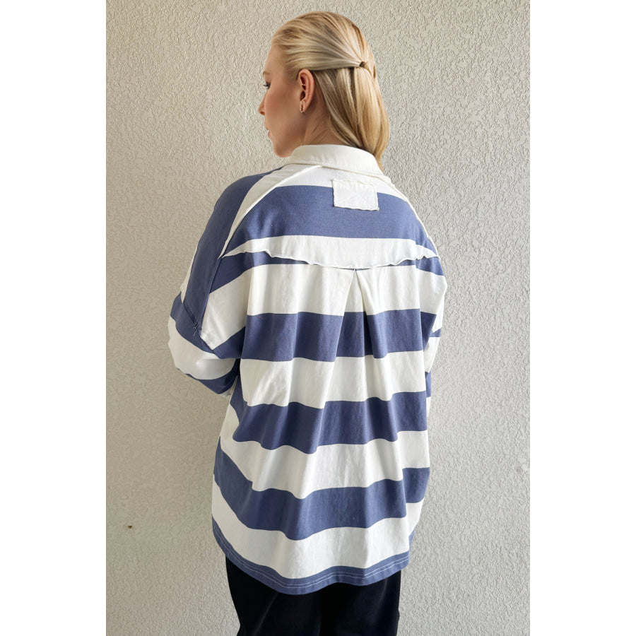 Oh Wide Striped Collared Neck Long Sleeve Top Apparel and Accessories