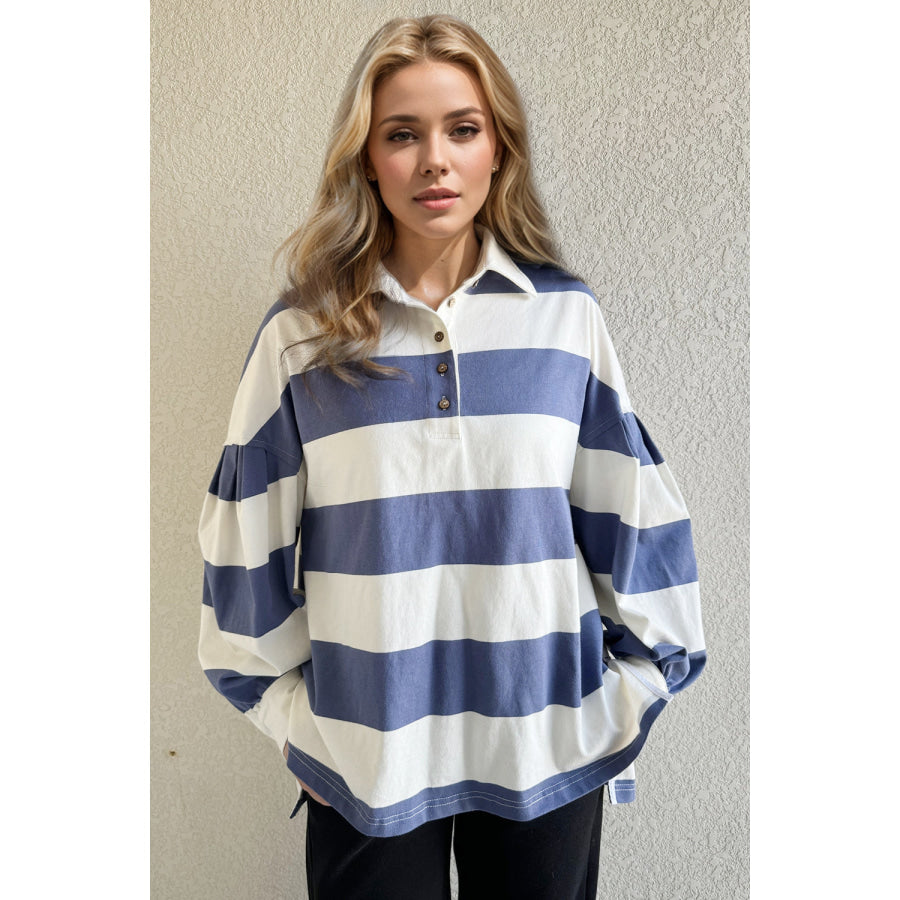 Oh Wide Striped Collared Neck Long Sleeve Top Dusty Blue / S Apparel and Accessories