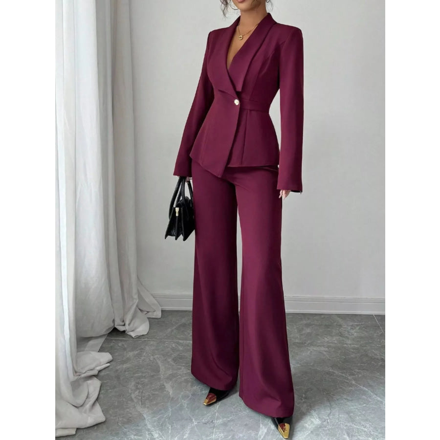 One Button Blazer and Pants Set Burgundy / S Apparel and Accessories