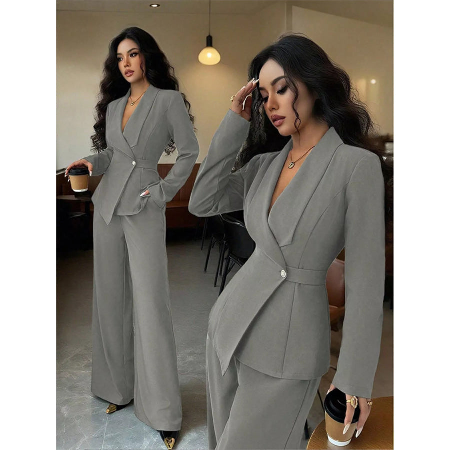 One Button Blazer and Pants Set Gray / S Apparel and Accessories