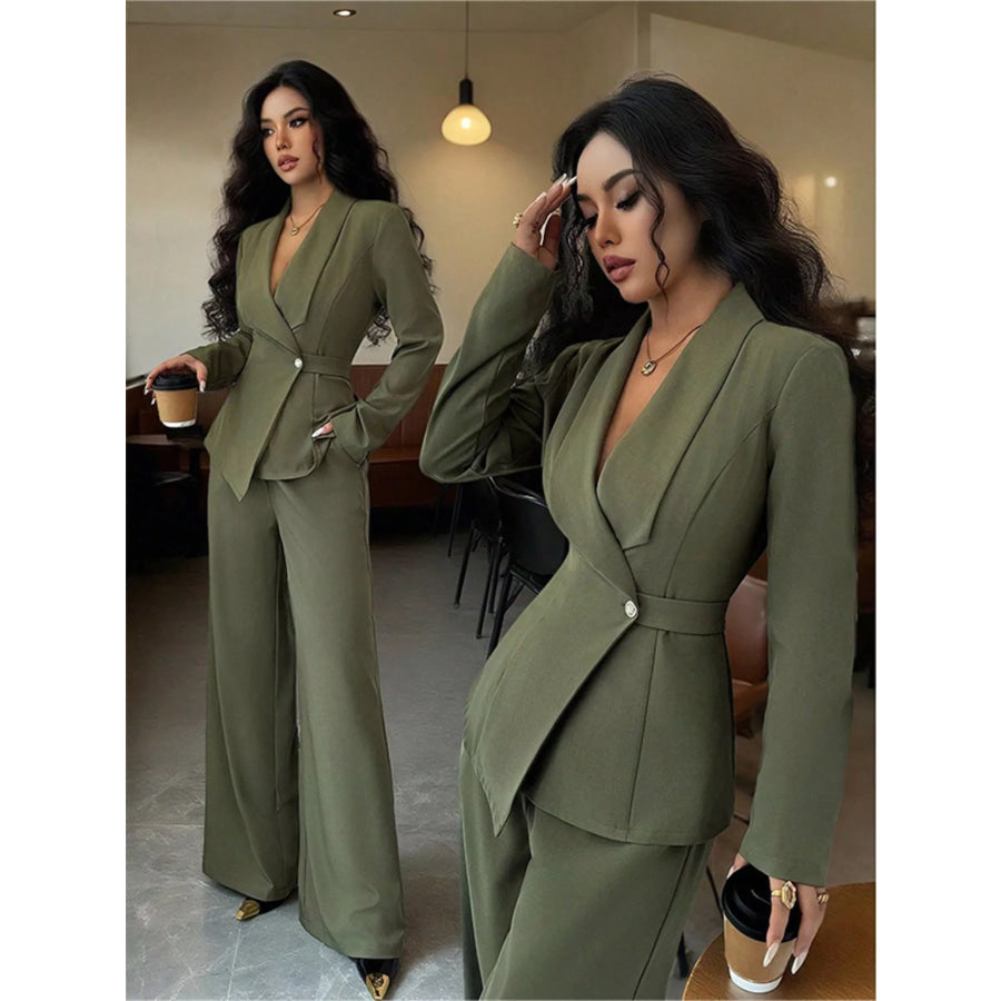 One Button Blazer and Pants Set Green / S Apparel and Accessories