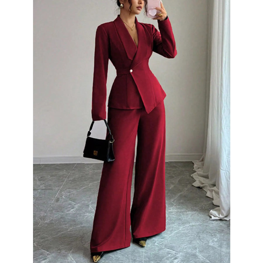 One Button Blazer and Pants Set Red / S Apparel and Accessories