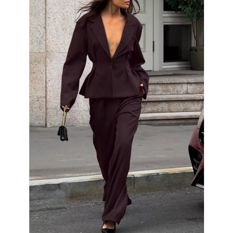 One-Button Blazer and Wide-Leg Pants Set Dark Brown / S Apparel and Accessories