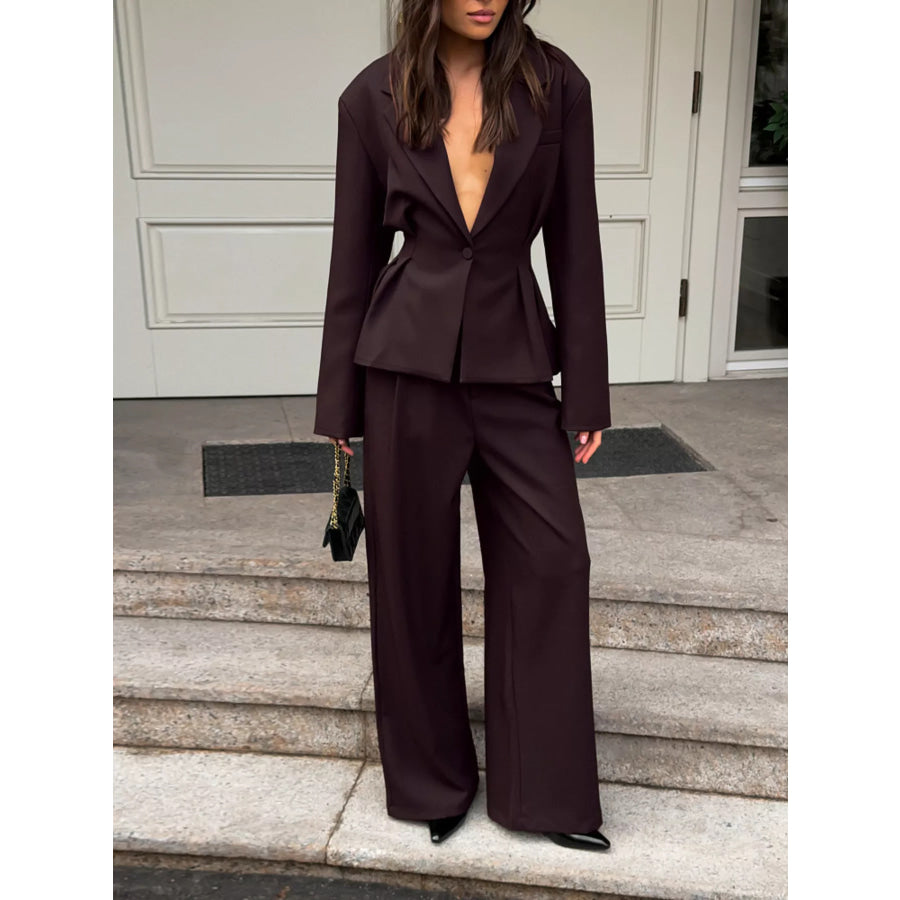 One-Button Blazer and Wide-Leg Pants Set Dark Brown / S Apparel and Accessories