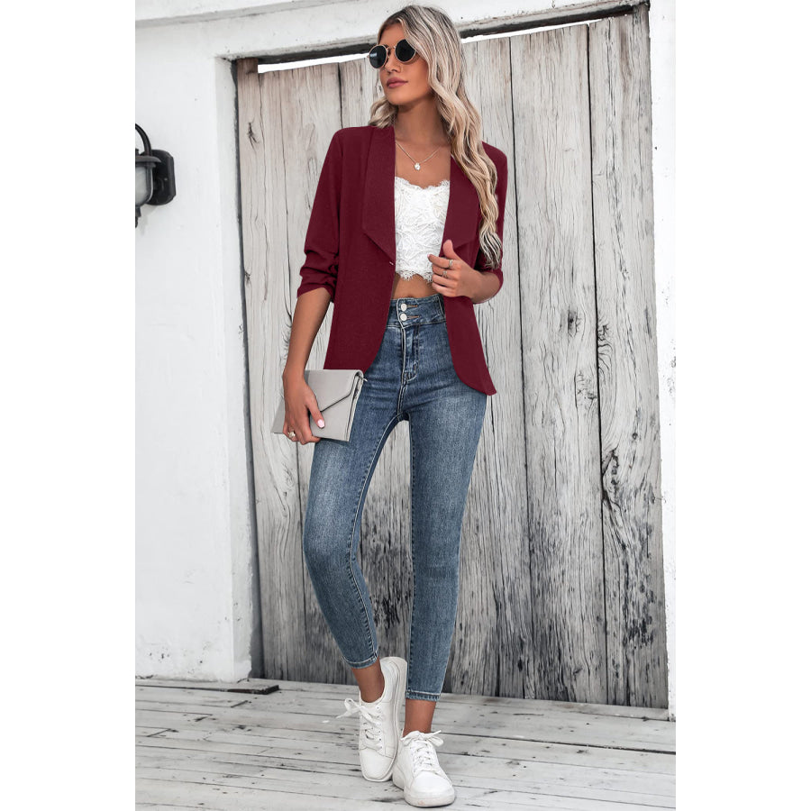 One Button Collared Neck Ruched Sleeve Blazer Apparel and Accessories