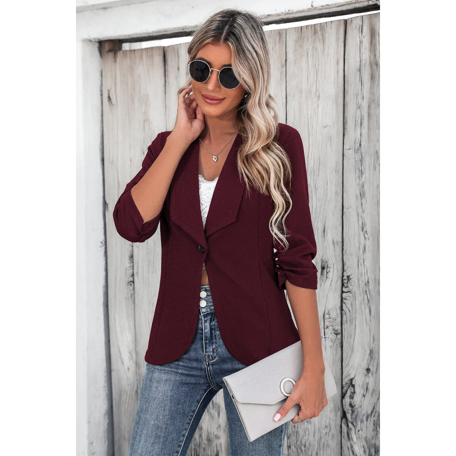 One Button Collared Neck Ruched Sleeve Blazer Apparel and Accessories