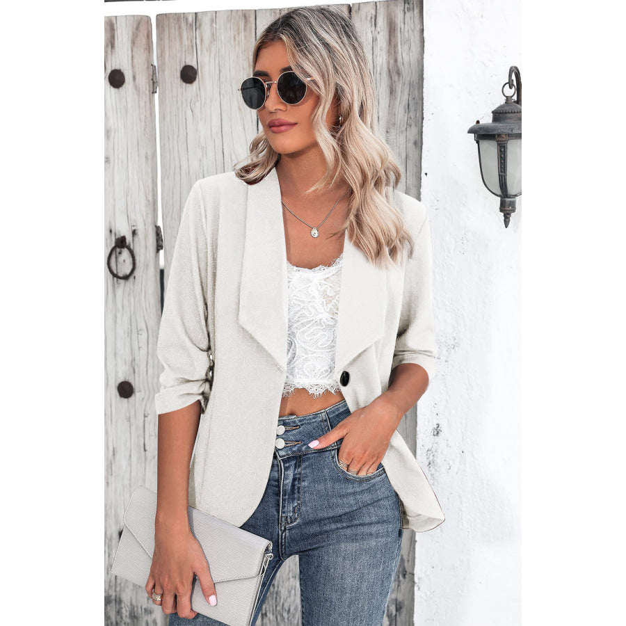 One Button Collared Neck Ruched Sleeve Blazer Apparel and Accessories