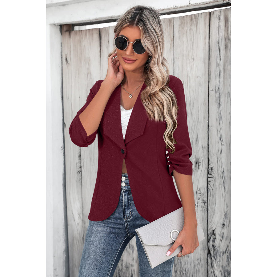 One Button Collared Neck Ruched Sleeve Blazer Burgundy / S Apparel and Accessories