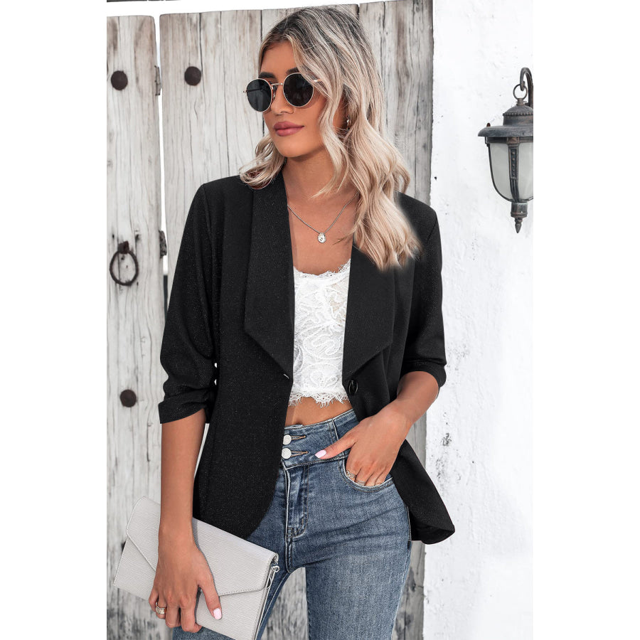 One Button Collared Neck Ruched Sleeve Blazer Apparel and Accessories