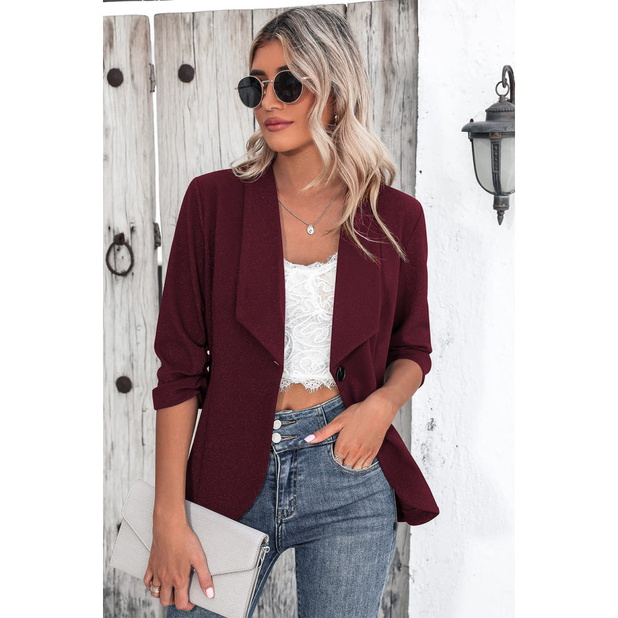 One Button Collared Neck Ruched Sleeve Blazer Apparel and Accessories