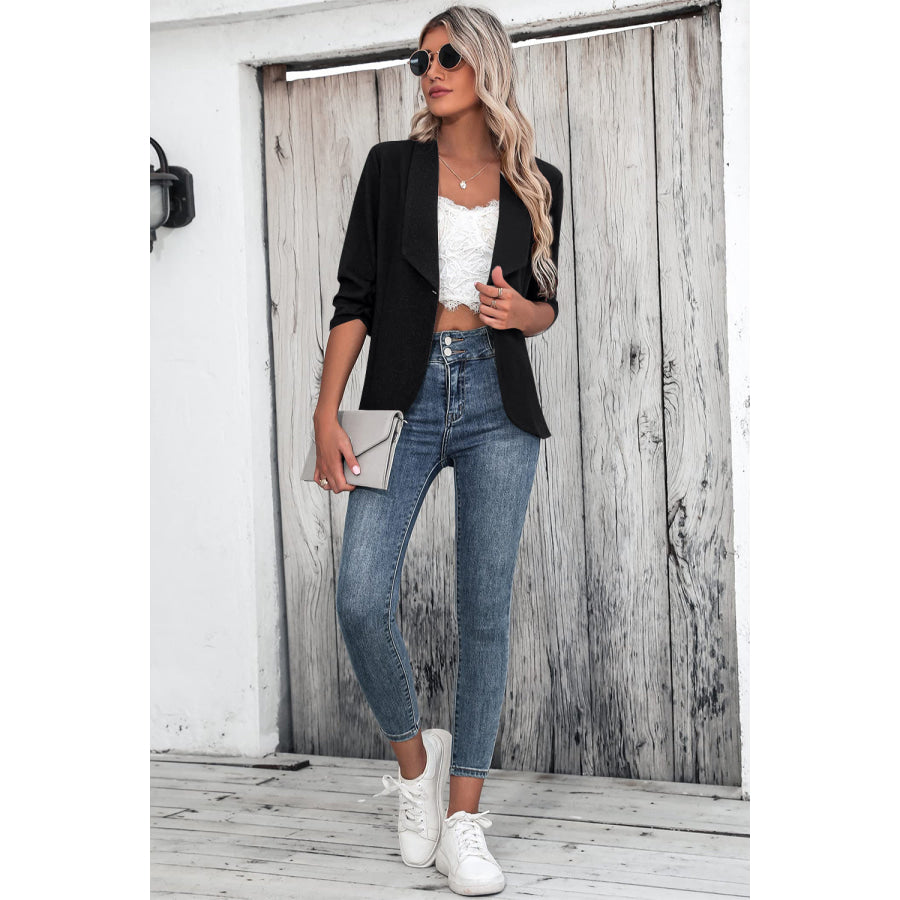 One Button Collared Neck Ruched Sleeve Blazer Black / S Apparel and Accessories