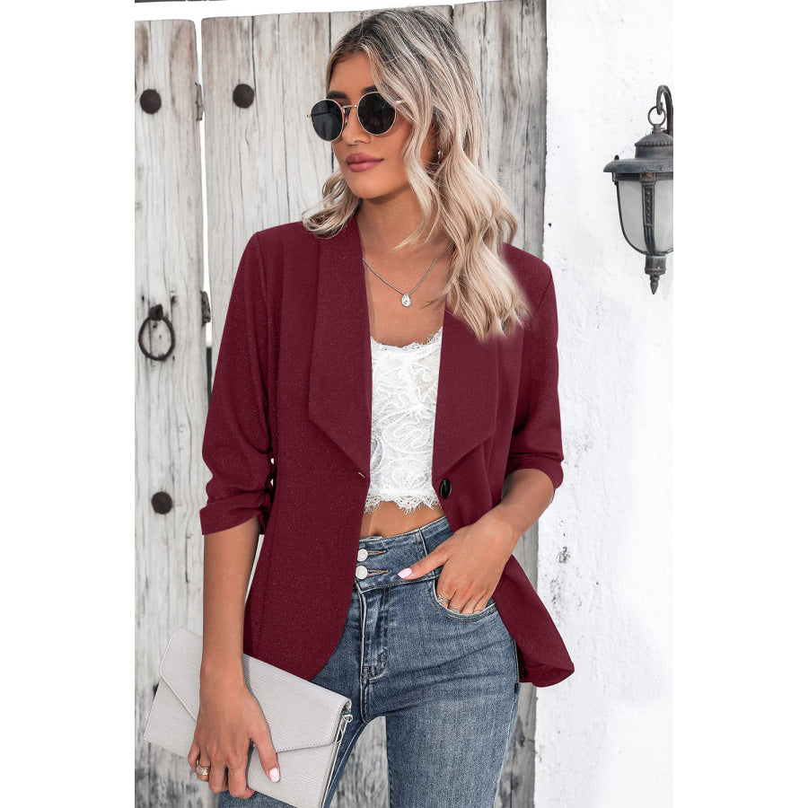 One Button Collared Neck Ruched Sleeve Blazer Burgundy / S Apparel and Accessories