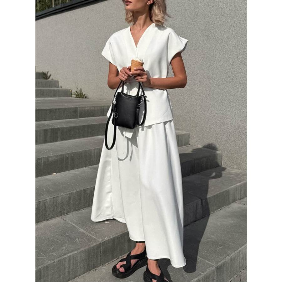 One Button Short Sleeve Top and Skirt Set Apparel and Accessories