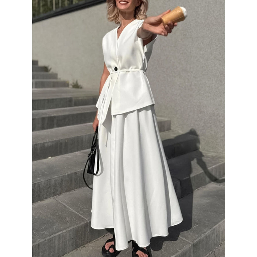 One Button Short Sleeve Top and Skirt Set Apparel and Accessories