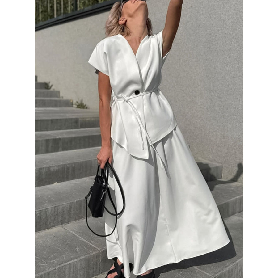 One Button Short Sleeve Top and Skirt Set White / S Apparel and Accessories