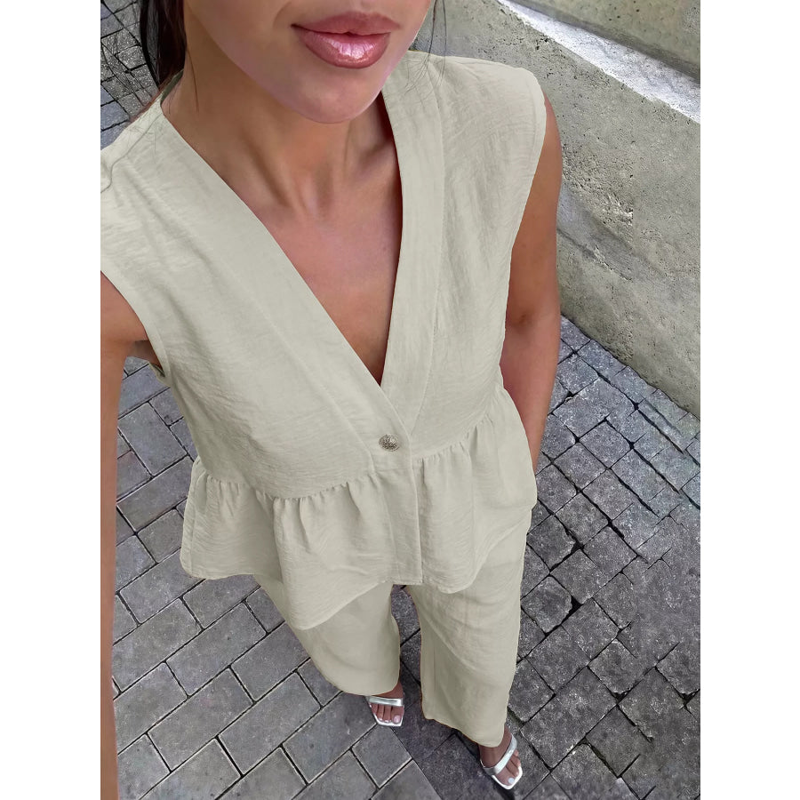 One Button Top and Wide Leg Pants Set Apparel and Accessories
