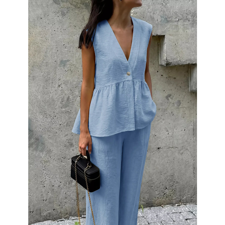 One Button Top and Wide Leg Pants Set Apparel and Accessories