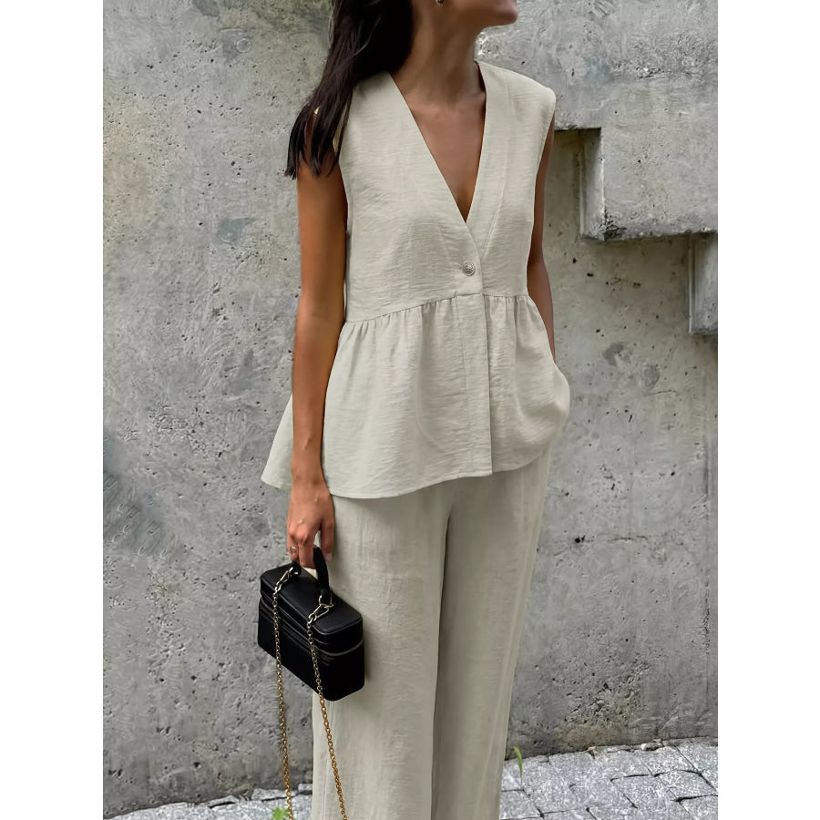 One Button Top and Wide Leg Pants Set Apparel and Accessories