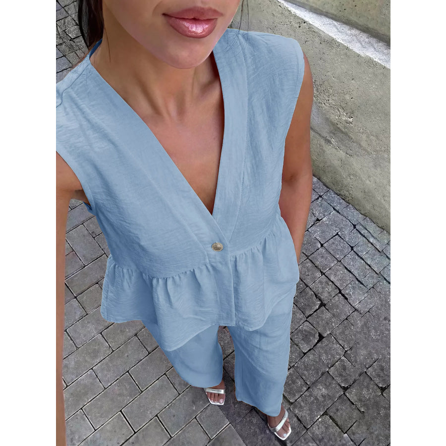 One Button Top and Wide Leg Pants Set Apparel and Accessories